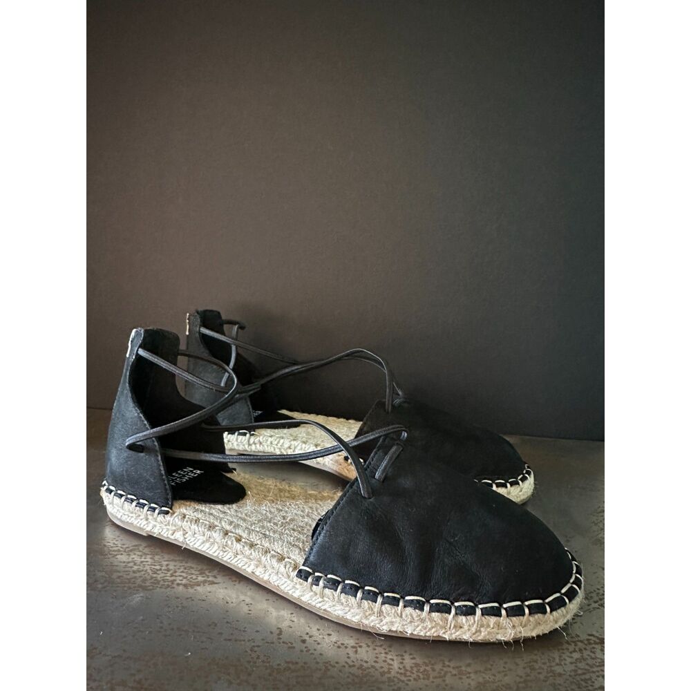 Eileen Fisher Flat Sandals 6.5 Espadrille Minimalist Boho Resort Chic Black Lee